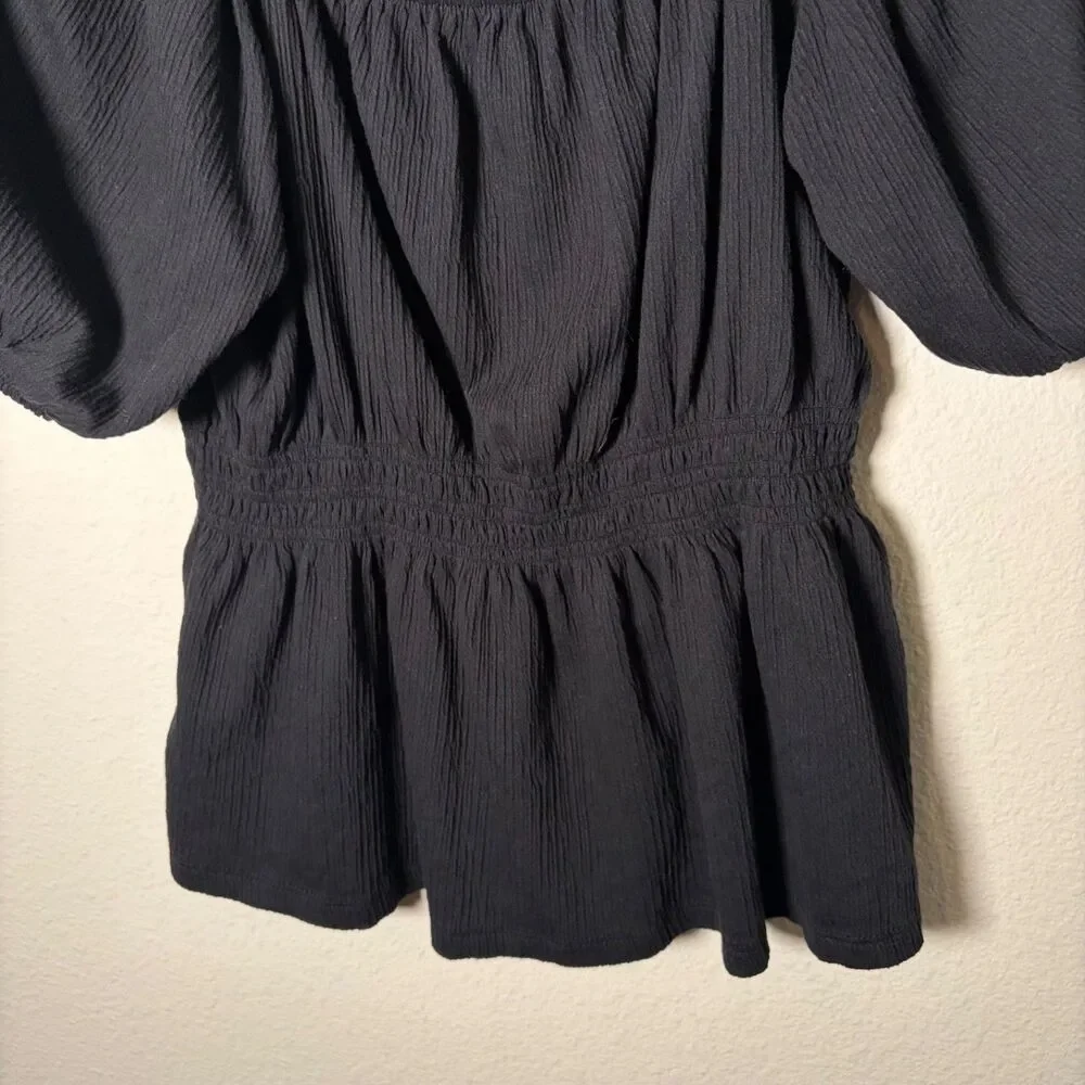 Old Navy Blouse Women's Medium Black Puff Sleeve Round Neck Smocked Top Shirt